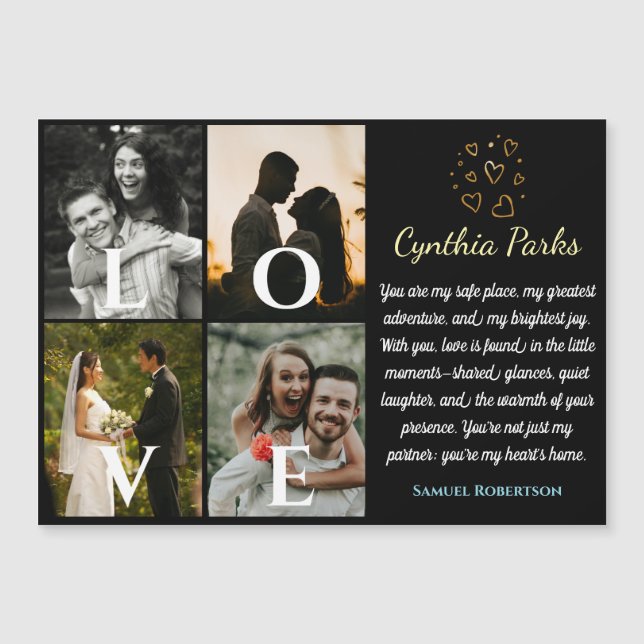 Invitación Magnética Elegante Personalizado Negro 4 Fotos Para Parejas  (Anverso)