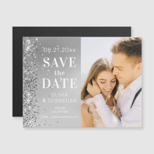Invitación Magnética Elegante Purpurina Plata Foto Boda Guardar La Fech