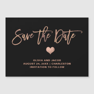 Invitación Magnética Elegante Rosa de oro en negro y corazón salva la f