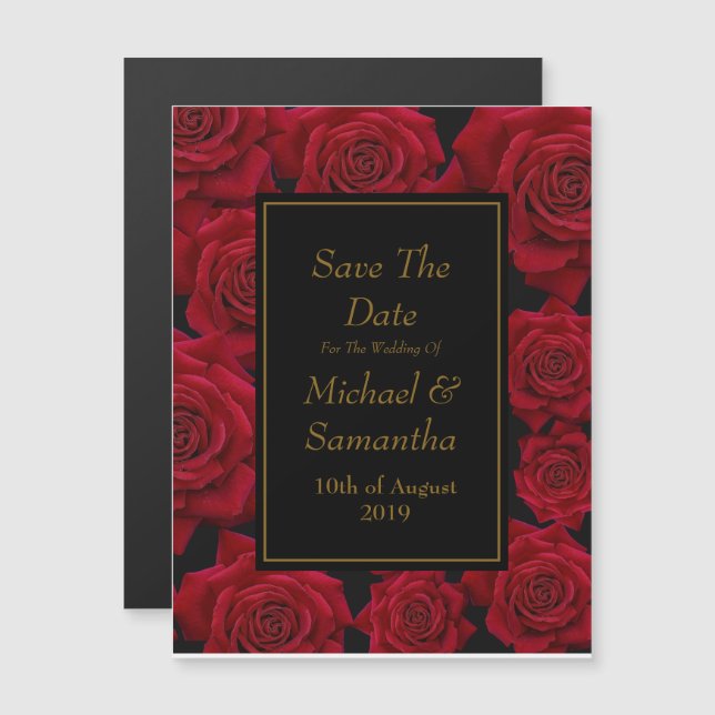 Invitación Magnética Elegante Rosa Roja - Boda Salva La Fecha (Anverso/Reverso)