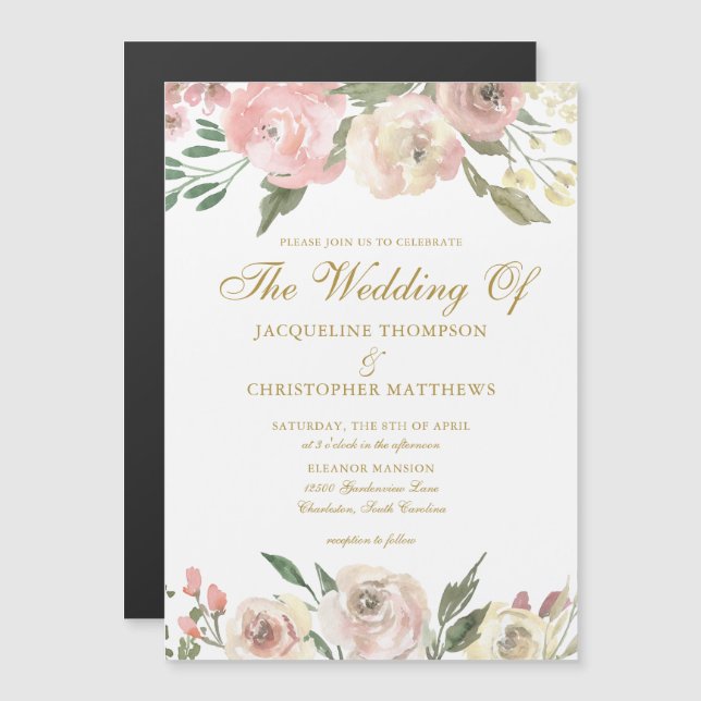 Invitación Magnética Elegante Rubor Pink Gold Floral Garden Wedding (Anverso/Reverso)