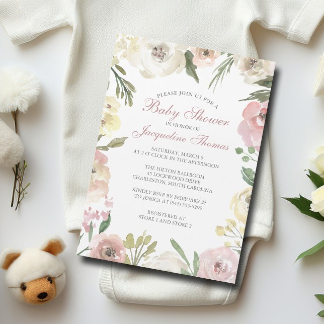 Invitación Magnética Elegante Rubor Pink Ivory Floral Baby Shower (Subido por el creador)