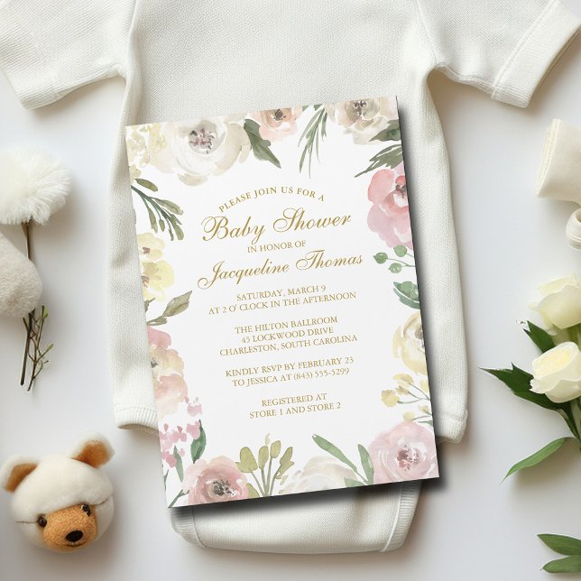 Invitación Magnética Elegante Rubor Rosa Gold Floral Baby Shower (Subido por el creador)
