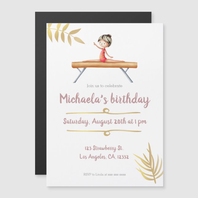 Invitación Magnética Elegante tema de gimnasia rosa y dorada (Anverso/Reverso)