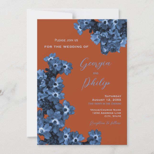 Invitación Magnética Elegante Terracota y Boda de flores azules turbias (Anverso)