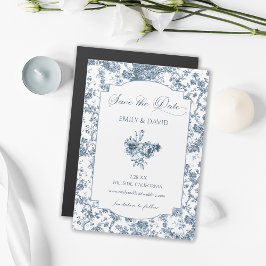 Invitación Magnética Elegante toile floral azul francés grabado