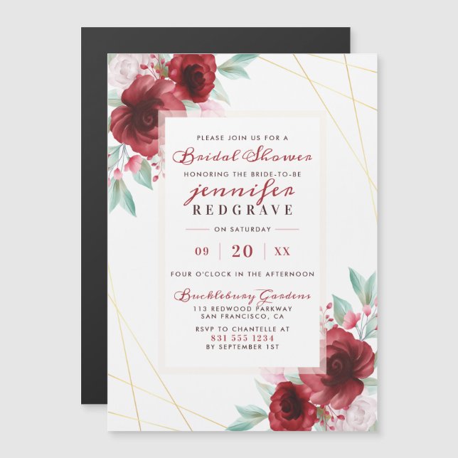 Invitación Magnética Elegante vidrio escarlata florece ducha de novia f (Anverso/Reverso)