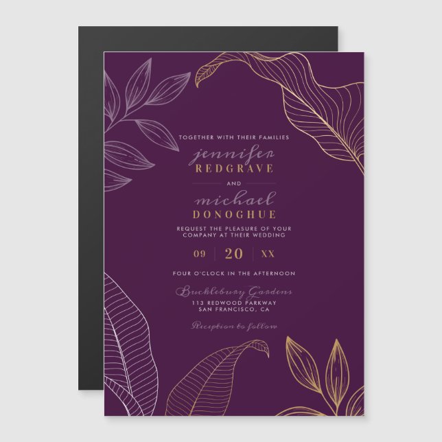 Invitación Magnética Elegante Violet Gold Buds Boda moderno (Anverso/Reverso)