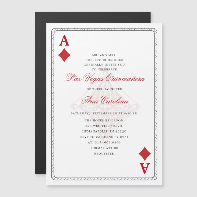 Invitación Magnética Elegante y único Casino Red Las Vegas Quinceañera (Anverso/Reverso)