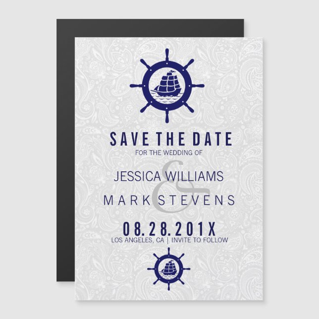 Invitación Magnética Elegantes damascos blancos y rueda náutica azul (Anverso/Reverso)