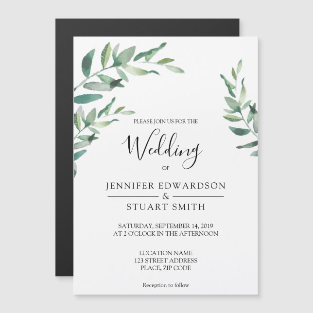 Invitación Magnética Elegantes hojas de acuarela botánica Boda (Anverso/Reverso)