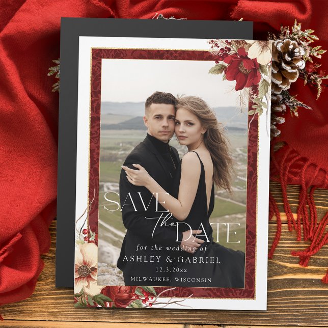 Invitación Magnética Elegantes Navidades Floral Photo Save the Date (Subido por el creador)