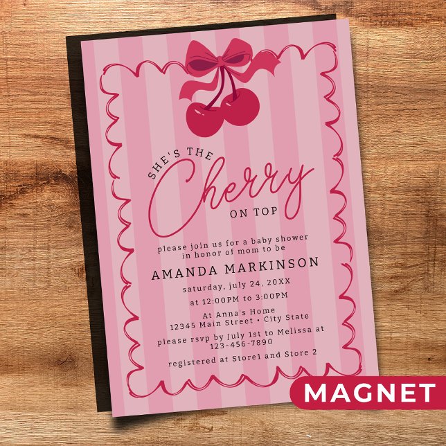 Invitación Magnética Ella es la cereza en el Baby Shower rosado superio (Subido por el creador)