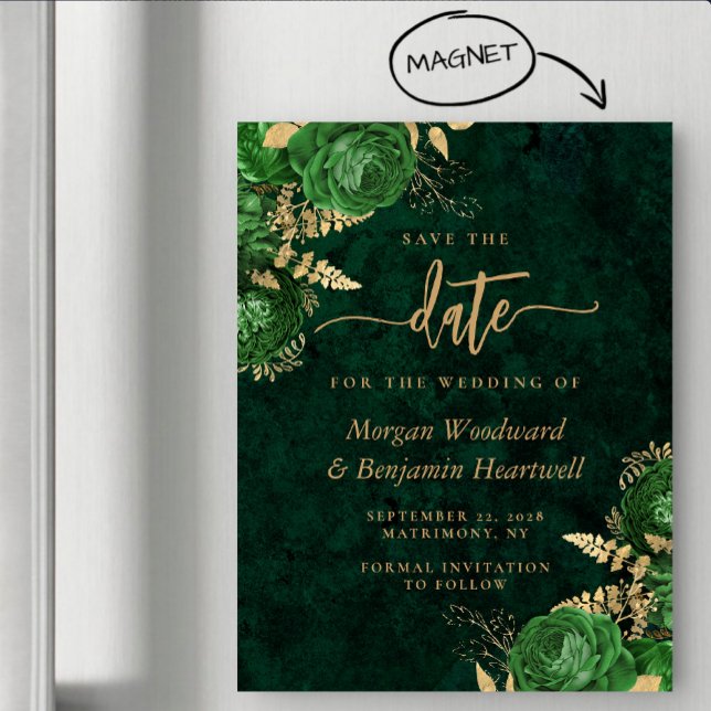 Invitación Magnética Emerald Green Gold Floral Wedding Save the Date (Subido por el creador)
