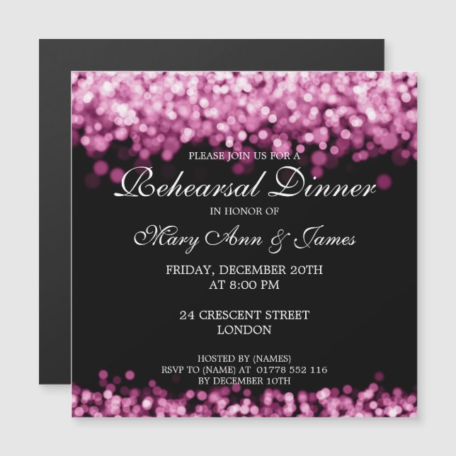 Invitación Magnética Ensayo boda Cena Luces rosadas (Anverso/Reverso)