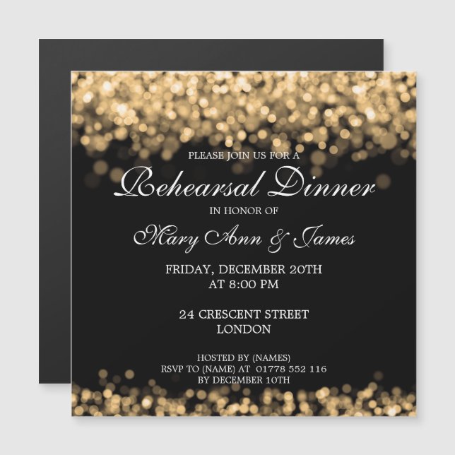 Invitación Magnética Ensayos bodas Cena Luces de oro (Anverso/Reverso)