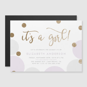 Invitación Magnética ¡Es un Chica!   Baby Shower Purple & Gold Confetti