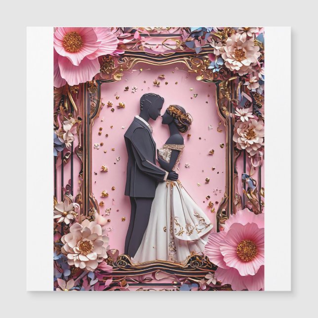 Invitación Magnética Escena Boda de silueta de papel romántico (Anverso)