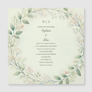 Invitación Magnética Escudo de la guirnalda floral Monograma Boda verde