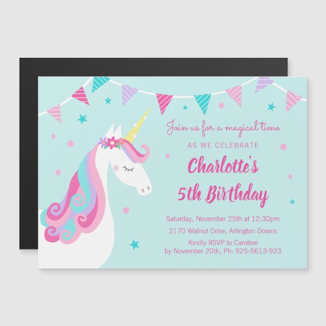 Invitación Magnética Espectacular fiesta de cumpleaños de Rainbow Unico (Anverso/Reverso)