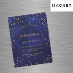 Invitación Magnética Estrellas de oro azul marino de cumpleaños número<br><div class="desc">Una glamorosa invitación a la fiesta de cumpleaños para él y ella. Un fondo azul marino adornado con falsas estrellas doradas. El color azul es desigual. Personalice y agregue un nombre y detalles del fiesta. Texto dorado. Un gran número de edad como marca de agua.</div>