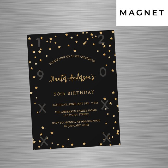 Invitación Magnética Estrellas de oro negro de cumpleaños años de lujo (Subido por el creador)
