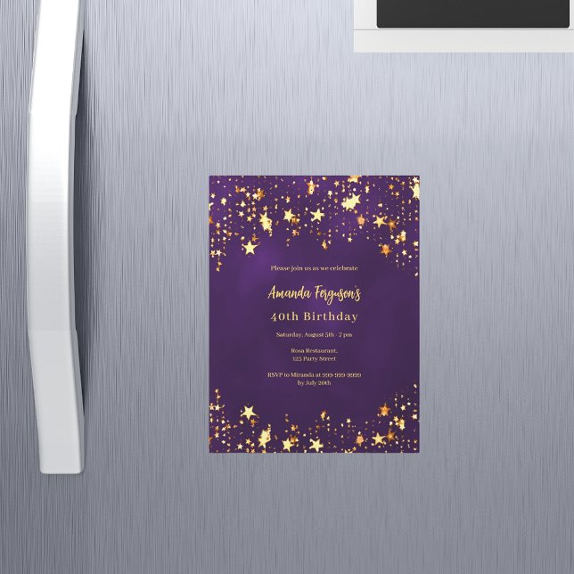 Invitación Magnética Estrellas de oro púrpura de cumpleaños (Subido por el creador)