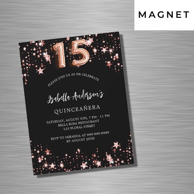 Invitación Magnética Estrellas de rosa negro de Quinceanera de lujo (Subido por el creador)
