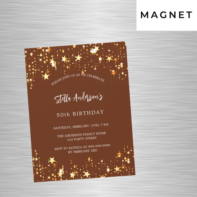 Invitación Magnética Estrellas doradas marrones de cumpleaños de lujo (Subido por el creador)