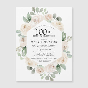 Invitación Magnética Eucalipto Floral de Rosa Blanca 100 cumpleaños