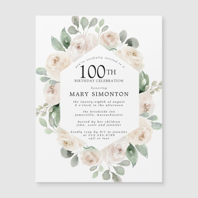 Invitación Magnética Eucalipto Floral de Rosa Blanca 100 cumpleaños (Anverso)