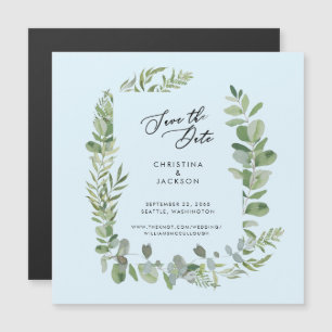 Invitación Magnética Eucalipto Save the Date Boda Azul Hielo