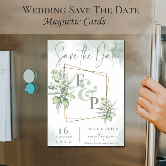 Invitación Magnética Eucalyptus deja marco de oro Boda de vegetación Gu (Subido por el creador)