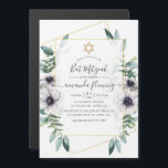 Invitación Magnética Eucalyptus Floral Geometric Bat Mitzvah<br><div class="desc">Flores de eucalipto y adormidera en tonos pastel murciélagos mitzvah invitación magnética con marco geométrico dorado y elegante tipografía de escritura a mano.</div>