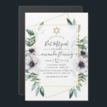 Invitación Magnética Eucalyptus Floral Geometric Bat Mitzvah<br><div class="desc">Flores de eucalipto y adormidera en tonos pastel murciélagos mitzvah invitación magnética con marco geométrico dorado y elegante tipografía de escritura a mano.</div>