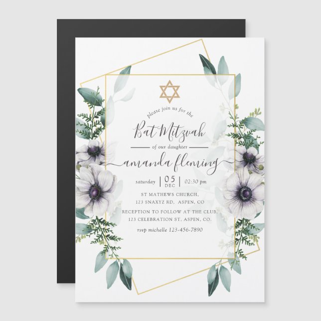 Invitación Magnética Eucalyptus Floral Geometric Bat Mitzvah (Anverso/Reverso)