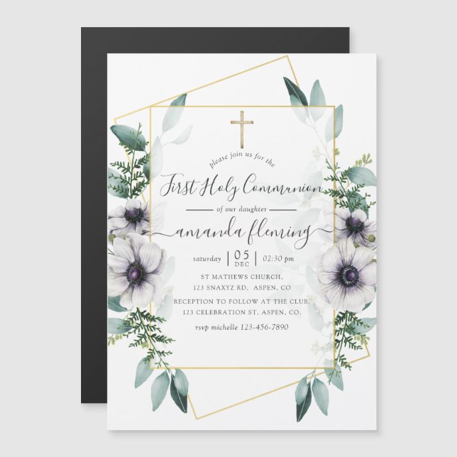 Invitación Magnética Eucalyptus Floral Geométrica Primera Comunión Sant (Anverso/Reverso)