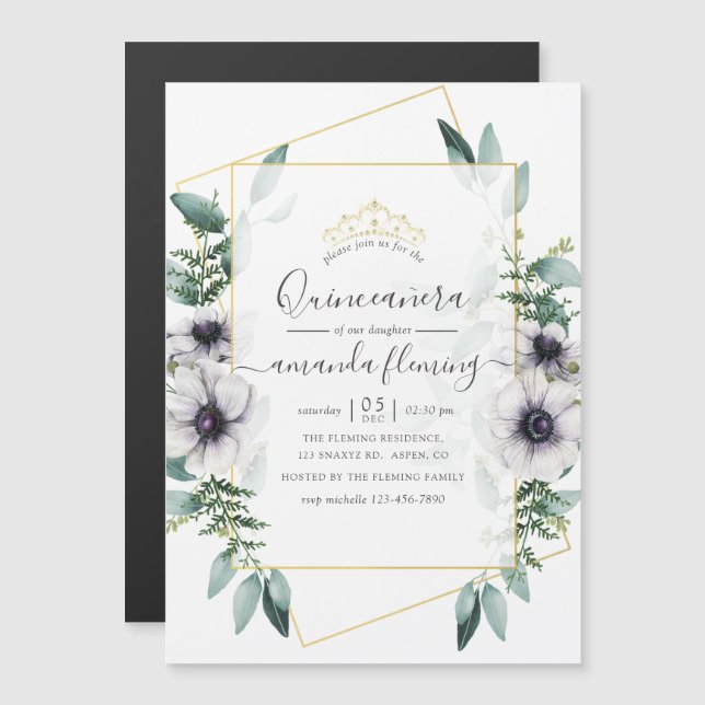 Invitación Magnética Eucalyptus Floral Geométrica Quinceañera (Anverso/Reverso)