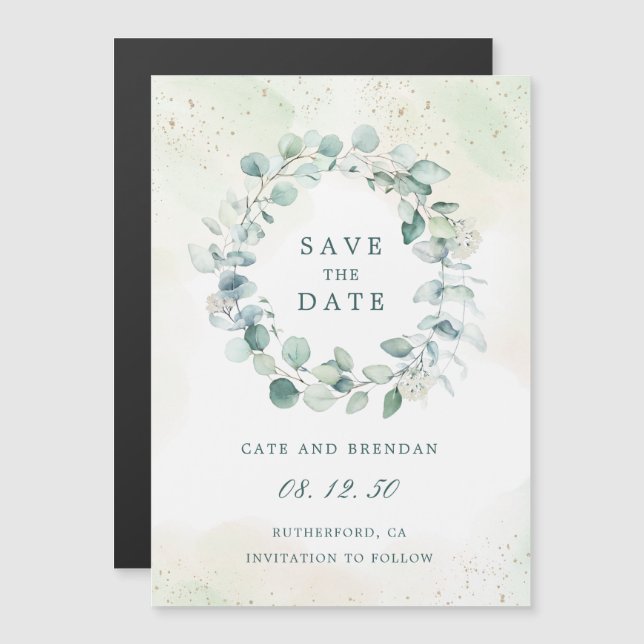 Invitación Magnética Eucalyptus Greenery Wreath Wedding Save The Date (Anverso/Reverso)
