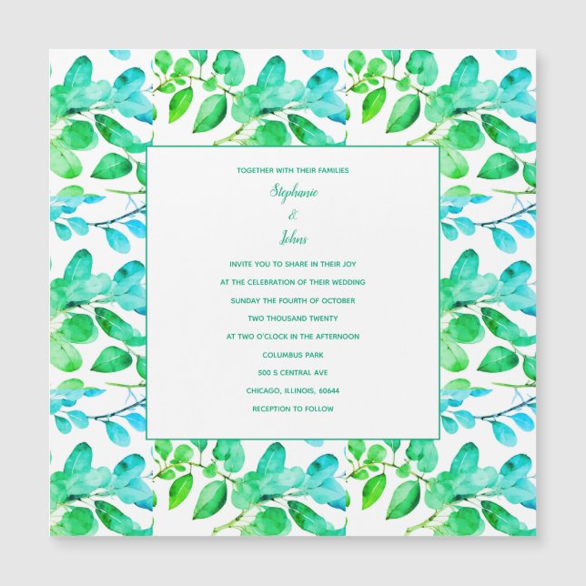 Invitación Magnética Eucalyptus Leaf Art Green Verde azulado Dusty Blue (Anverso)