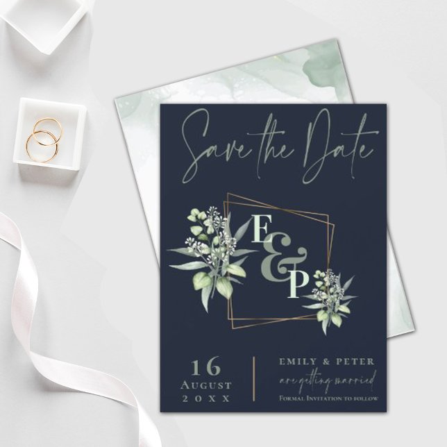 Invitación Magnética Eucalyptus Monograma Boda verde Guardar la fecha (Subido por el creador)