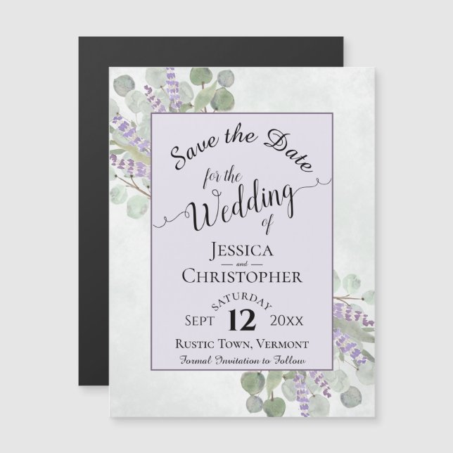 Invitación Magnética Eucalyptus y Lavender Rustic Purple Salven la fech (Anverso/Reverso)