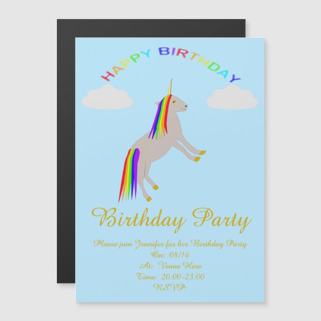 Invitación Magnética Fantasía cumpleaños Unicornio Personalizado de arc (Anverso/Reverso)
