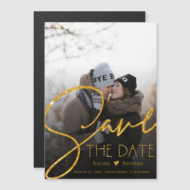 Invitación Magnética Faux Gold Purpurina Boda Foto Guardar la fecha (Anverso/Reverso)
