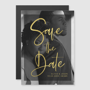 Invitación Magnética Faux Gold y Black Overlay  Foto Guardar fecha