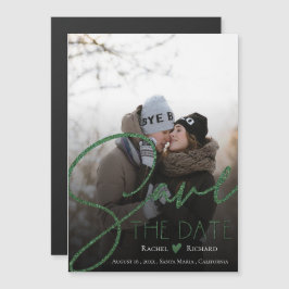 Invitación Magnética Faux Green Purpurina Boda Photo Save the Date