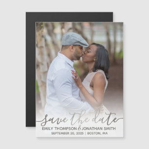 Invitación Magnética Faux Relieve metalizado plateado Photo Save the Da