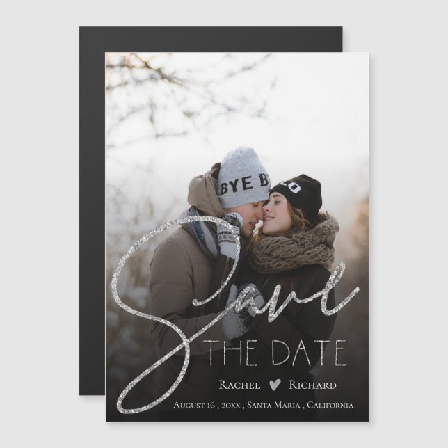 Invitación Magnética Faux Silver Purpurina Boda Photo Save the Date (Anverso/Reverso)