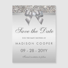 Invitación Magnética Faux Silver Sequins Bow Guardar La Fecha Baby Show