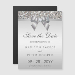 Invitación Magnética Faux Silver Sequins Bow Save The Date Boda